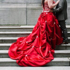 Unforgettable Wedding Dress, plus size, deep wine red + a buttonup train